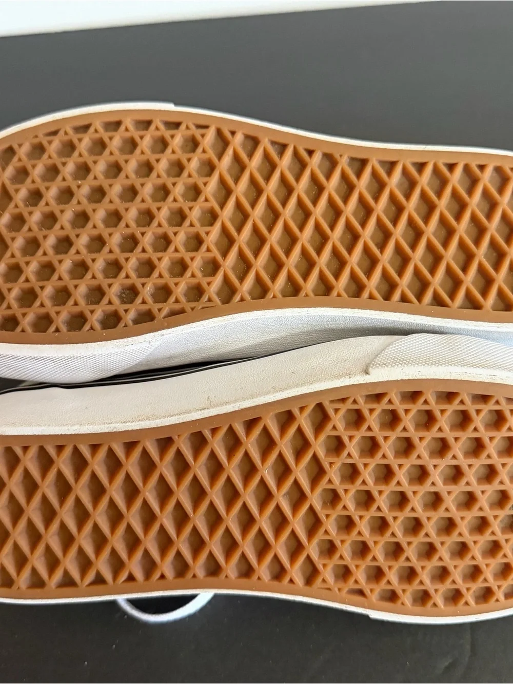 Vans tan and cream sneaker tongue label
